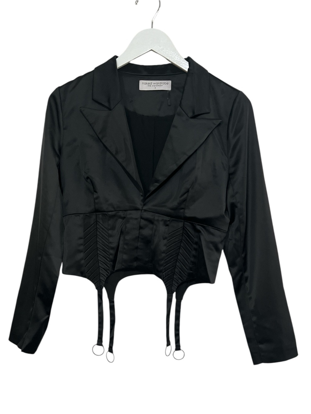 Naked Wardrobe The Statement Black Satin Cropped Garter Blazer Top Size Small